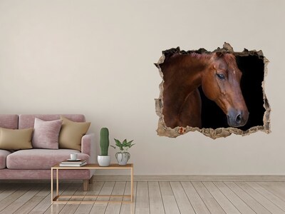 Wandsticker 3D gat met uitzicht Een paard in een kapotte muur
