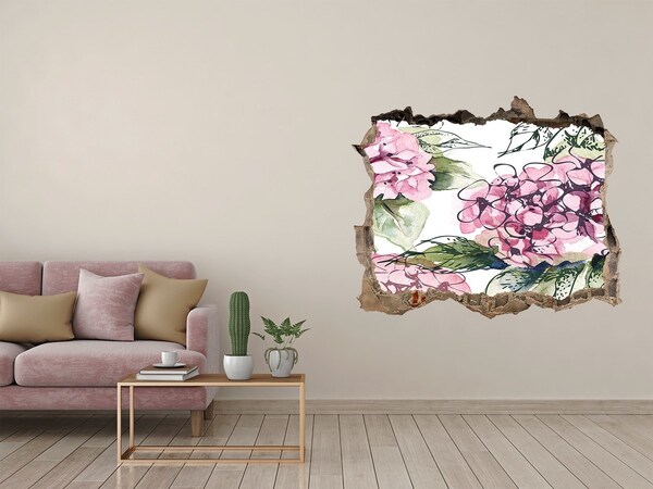 Zelfklevende 3D wandsticker illusie Bloemenlandschap door een gat in de muur