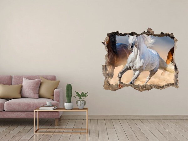Wandsticker 3D gat met uitzicht Wilde galop van paarden