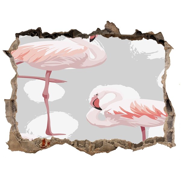 Wandsticker 3D gat met uitzicht Roze flamingo's in een gat in de muur