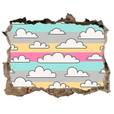 Wandsticker 3D gat met uitzicht Kleurrijke wolken op een gestreepte achtergrond