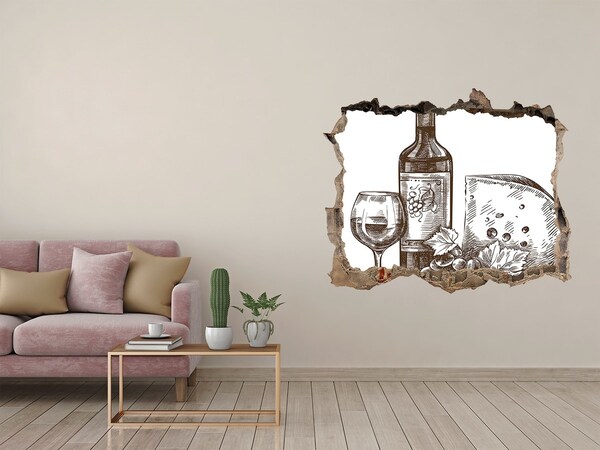Zelfklevende muursticker 3D gat Wijn en kaas tegen de achtergrond van een beschadigde muur.