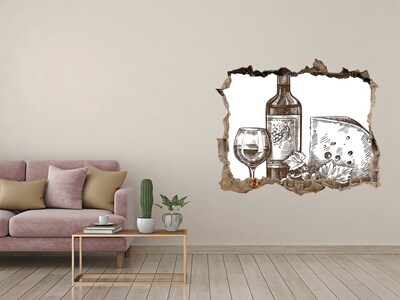 Naklejka 3D dziura samoprzylepna Wino i ser na tle zniszczonej ściany