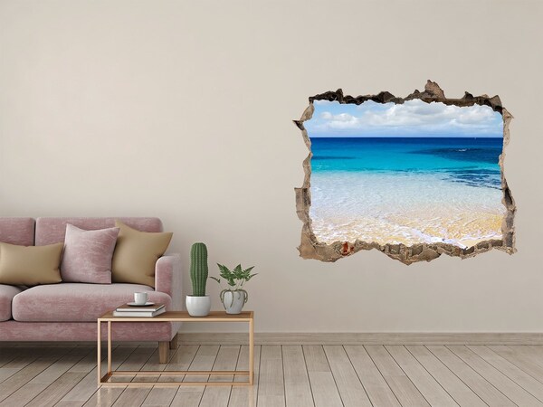 Wandsticker 3D doorkijk Caribisch strand door een gat in de muur