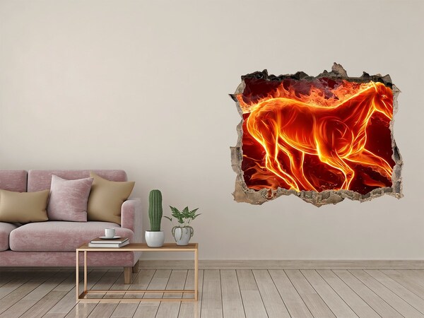 Zelfklevende muursticker 3D gat Burning Horse in a Hole in the Wall