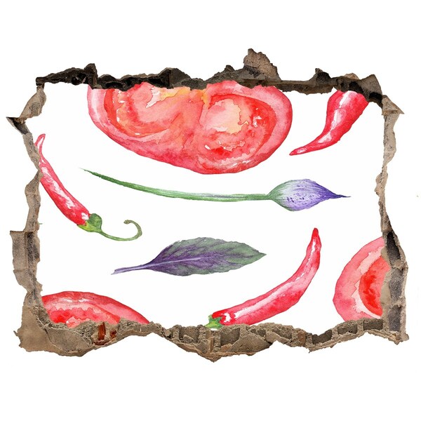 Wandsticker 3D doorkijk Fruit en groenten in een gat in de muur