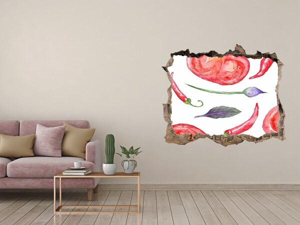 Wandsticker 3D doorkijk Fruit en groenten in een gat in de muur