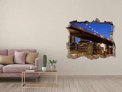 Wandsticker 3D gat met uitzicht Brooklyn Bridge 's nachts