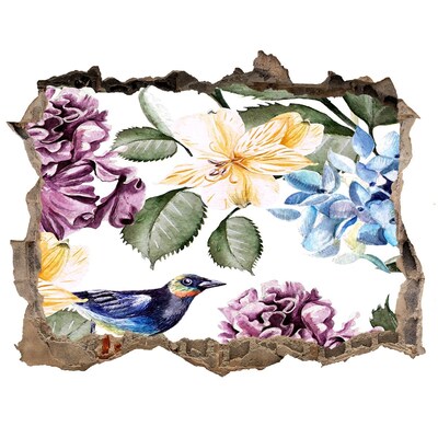 Wandsticker 3D gat met uitzicht Bloemenparadijs met een vogel