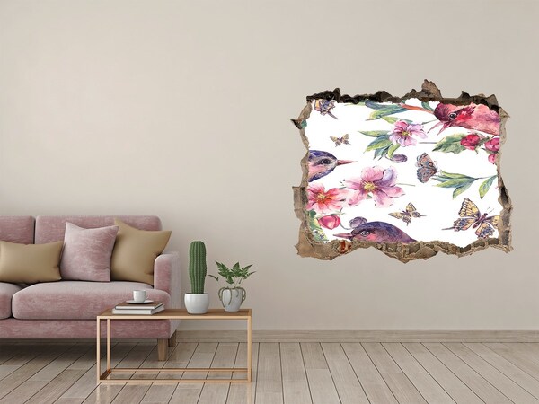 Zelfklevende 3D wandsticker illusie Een bloemenparadijs met vogels en vlinders.