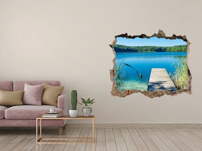 Wandsticker 3D gat met uitzicht Een baai met een houten pier