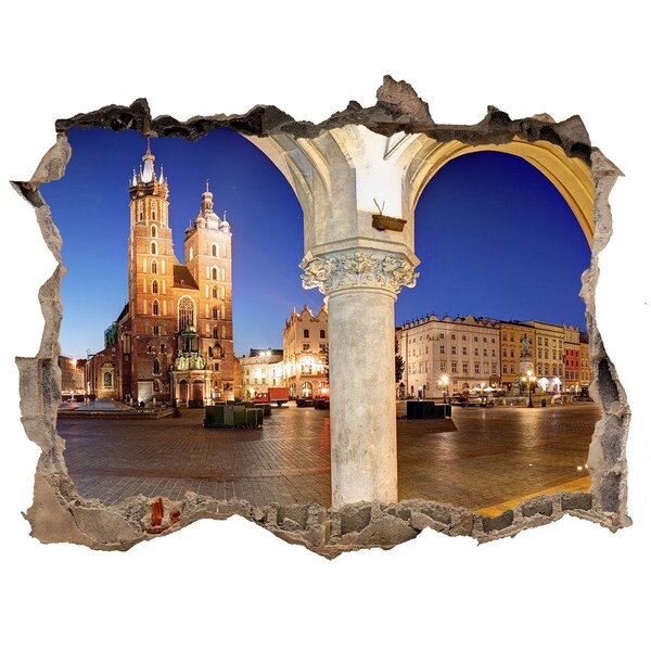 Wandsticker 3D doorkijk Het centrale marktplein van Krakau 's nachts