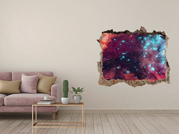 Zelfklevende muursticker 3D gat Een kosmisch uitzicht door een gat in de muur.