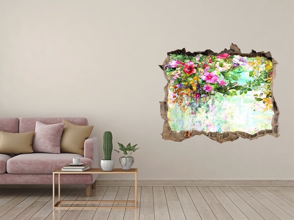 Zelfklevende muursticker 3D gat Een bloemenparadijs achter de muur.