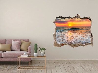 Wandsticker 3D gat met uitzicht Zonsondergang boven de zee