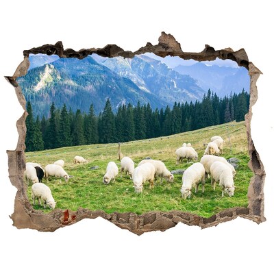 Zelfklevende muursticker 3D gat Berglandschap met schapen
