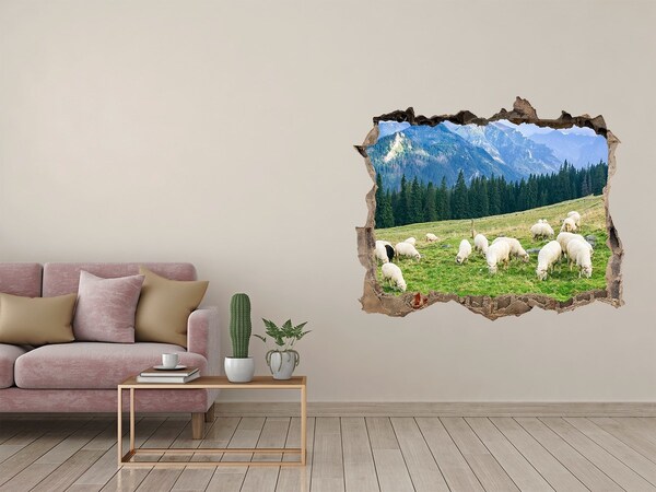 Zelfklevende muursticker 3D gat Berglandschap met schapen