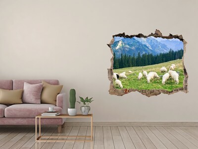 Zelfklevende muursticker 3D gat Berglandschap met schapen