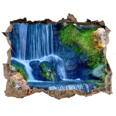 Wandsticker 3D gat met uitzicht Een waterval in een groene omgeving