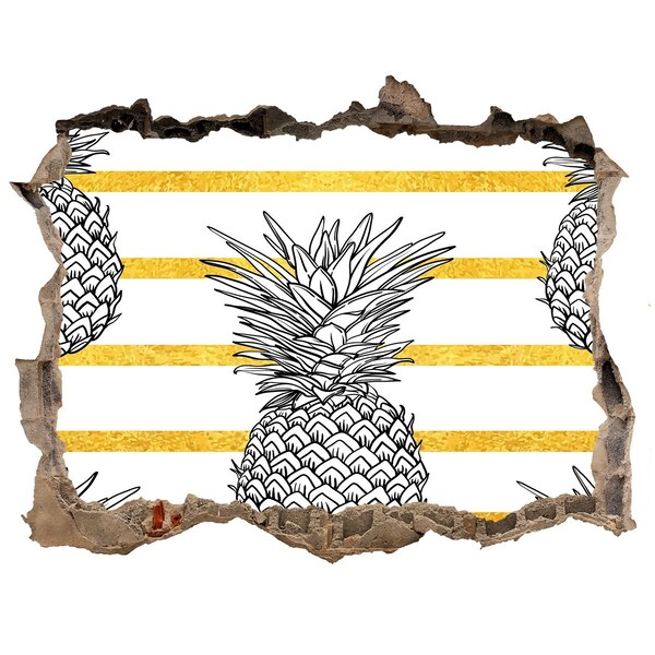 Zelfklevende muursticker 3D gat Ananas op een achtergrond van gouden strepen