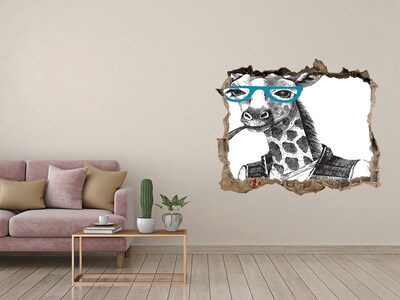 Wandsticker 3D doorkijk Giraffe met bril en pijp