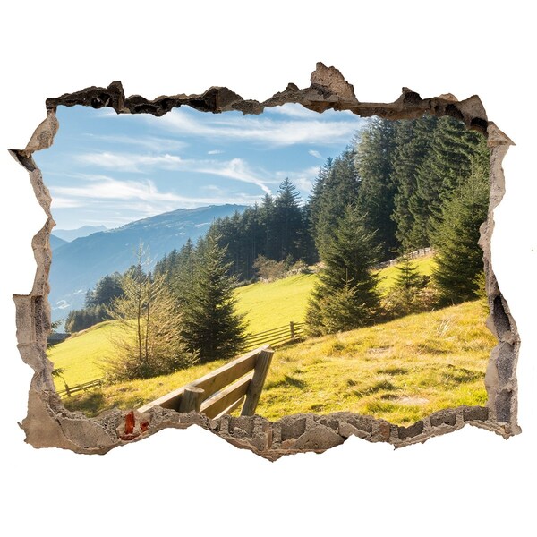 Wandsticker 3D gat met uitzicht Uitzicht op het bergdal