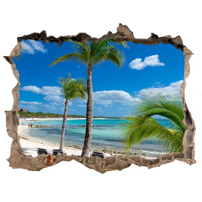 Zelfklevende 3D wandsticker illusie Paradijselijk strand met palmbomen