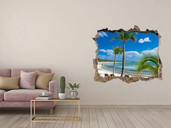 Zelfklevende 3D wandsticker illusie Paradijselijk strand met palmbomen