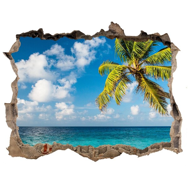 Wandsticker 3D gat met uitzicht Tropisch strand met een palmboom