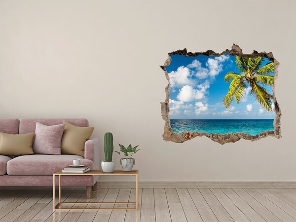 Wandsticker 3D gat met uitzicht Tropisch strand met een palmboom