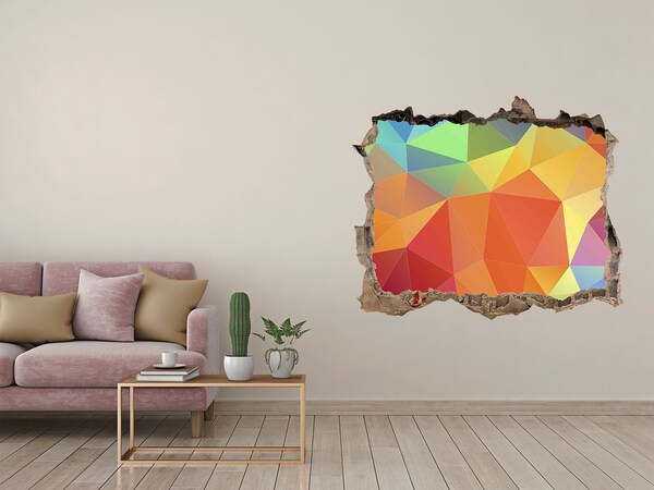 Wandsticker 3D gat met uitzicht Kleurrijke geometrische vormen in een gat in de muur