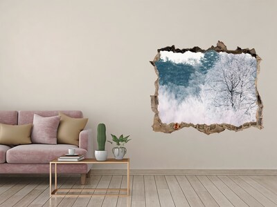 Wandsticker 3D gat met uitzicht Winterlandschap achter het gat in de muur