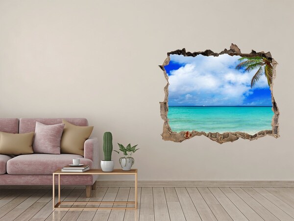 Zelfklevende muursticker 3D gat Tropisch strand met een palmboom