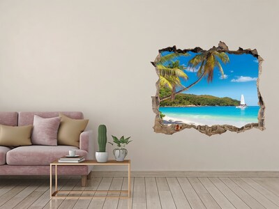 Wandsticker 3D doorkijk Tropisch strand met palmbomen