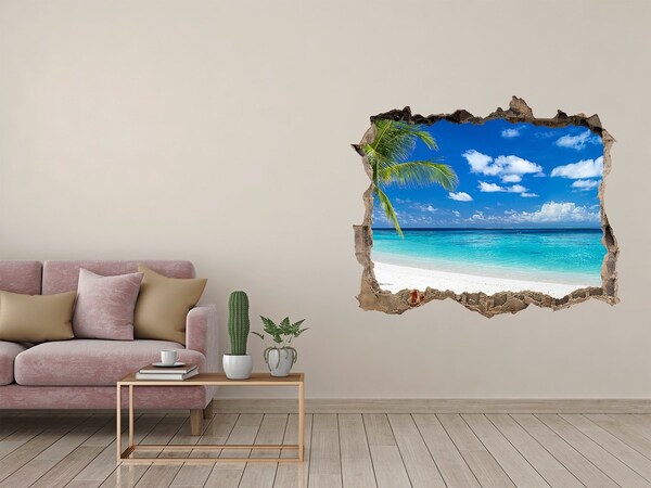 Zelfklevende 3D wandsticker illusie Tropisch strand met palmbomen