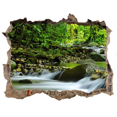 Wandsticker 3D gat met uitzicht Waterval in het tropisch regenwoud