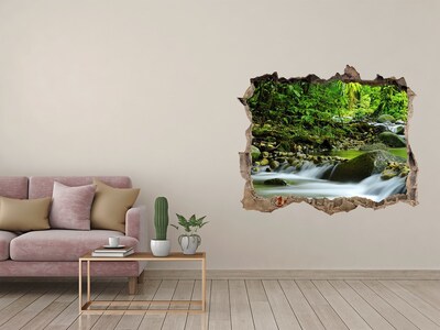 Wandsticker 3D gat met uitzicht Waterval in het tropisch regenwoud
