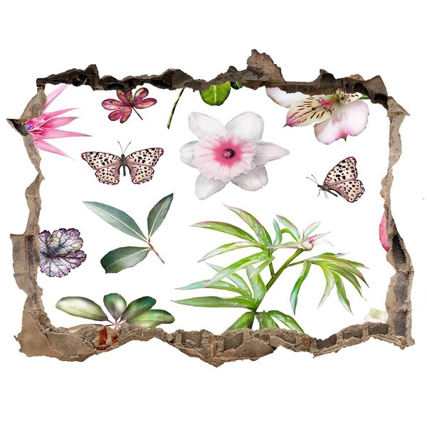 Zelfklevende muursticker 3D gat Een bloemenparadijs achter de muur.