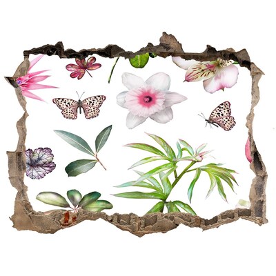 Zelfklevende muursticker 3D gat Een bloemenparadijs achter de muur.