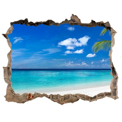 Wandsticker 3D doorkijk Tropisch strand met een palmboom