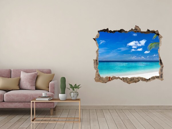 Wandsticker 3D doorkijk Tropisch strand met een palmboom