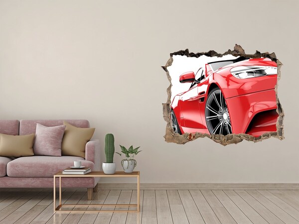 Zelfklevende muursticker 3D gat Rode sportwagen achter het gat in de muur