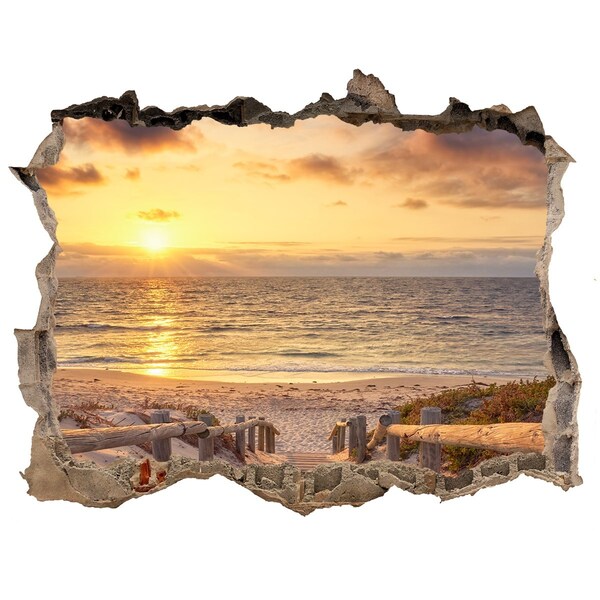 Wandsticker 3D gat met uitzicht Zonsondergang boven het strand