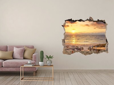 Wandsticker 3D gat met uitzicht Zonsondergang boven het strand
