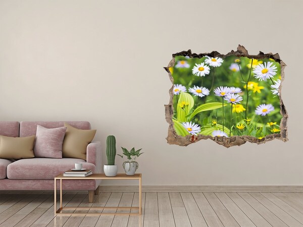 Wandsticker 3D gat met uitzicht Een bloemenparadijs achter de muur.