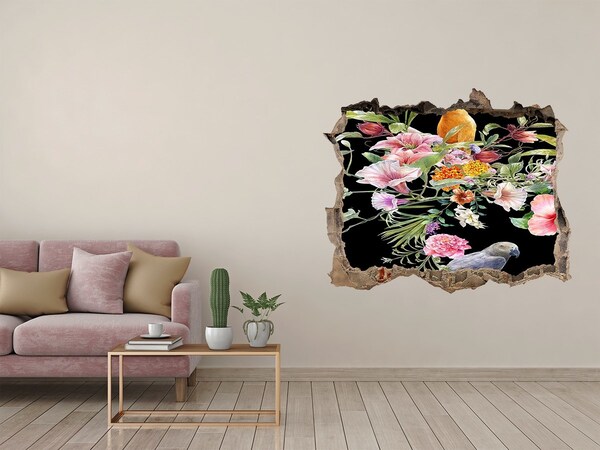 Wandsticker 3D doorkijk Een bloemenparadijs met een papegaai