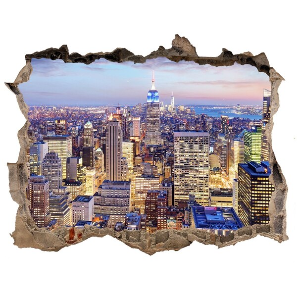 Zelfklevende 3D wandsticker illusie De skyline van New York 's nachts