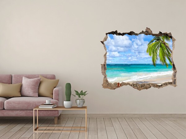 Zelfklevende muursticker 3D gat Caribisch strand door een gat in de muur