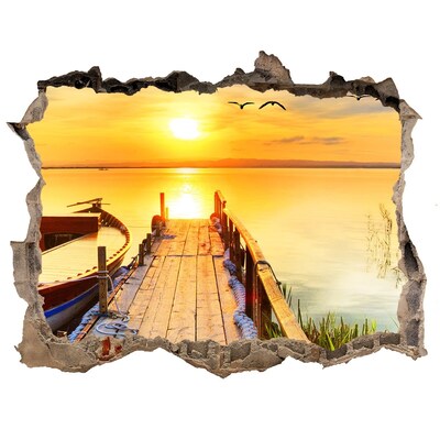 Wandsticker 3D gat met uitzicht Zonsondergang boven het meer
