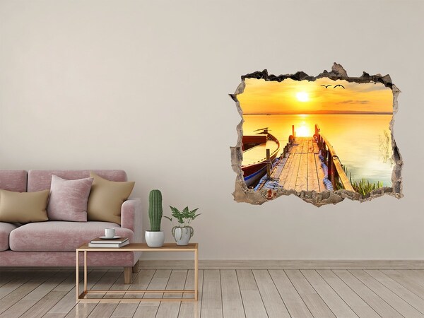 Wandsticker 3D gat met uitzicht Zonsondergang boven het meer